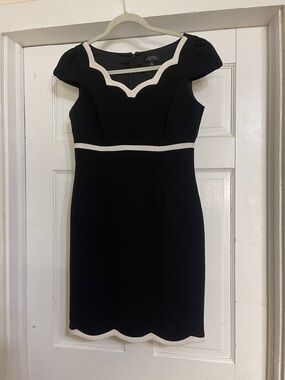 Tahari Black Mini Dress with White Scallop Trim